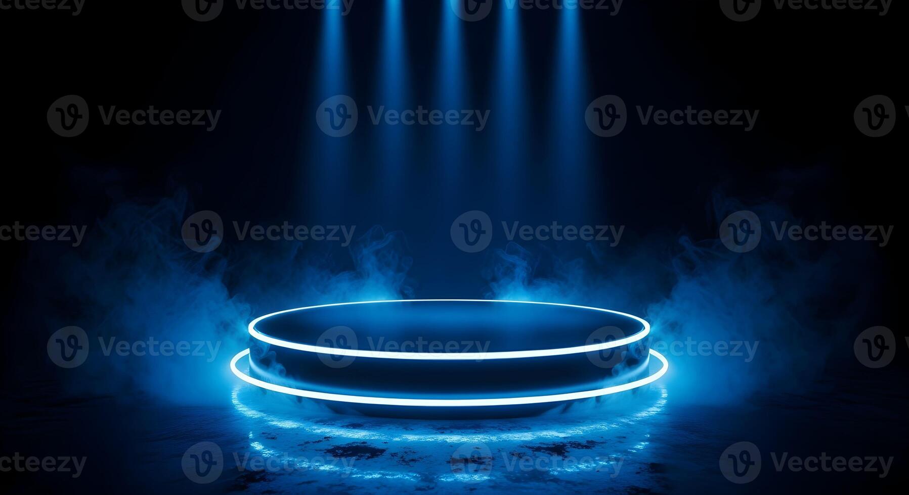 Futuristic Blue Lit Circular Stage with Smoke and Reflections in Dark Minimal Space photo