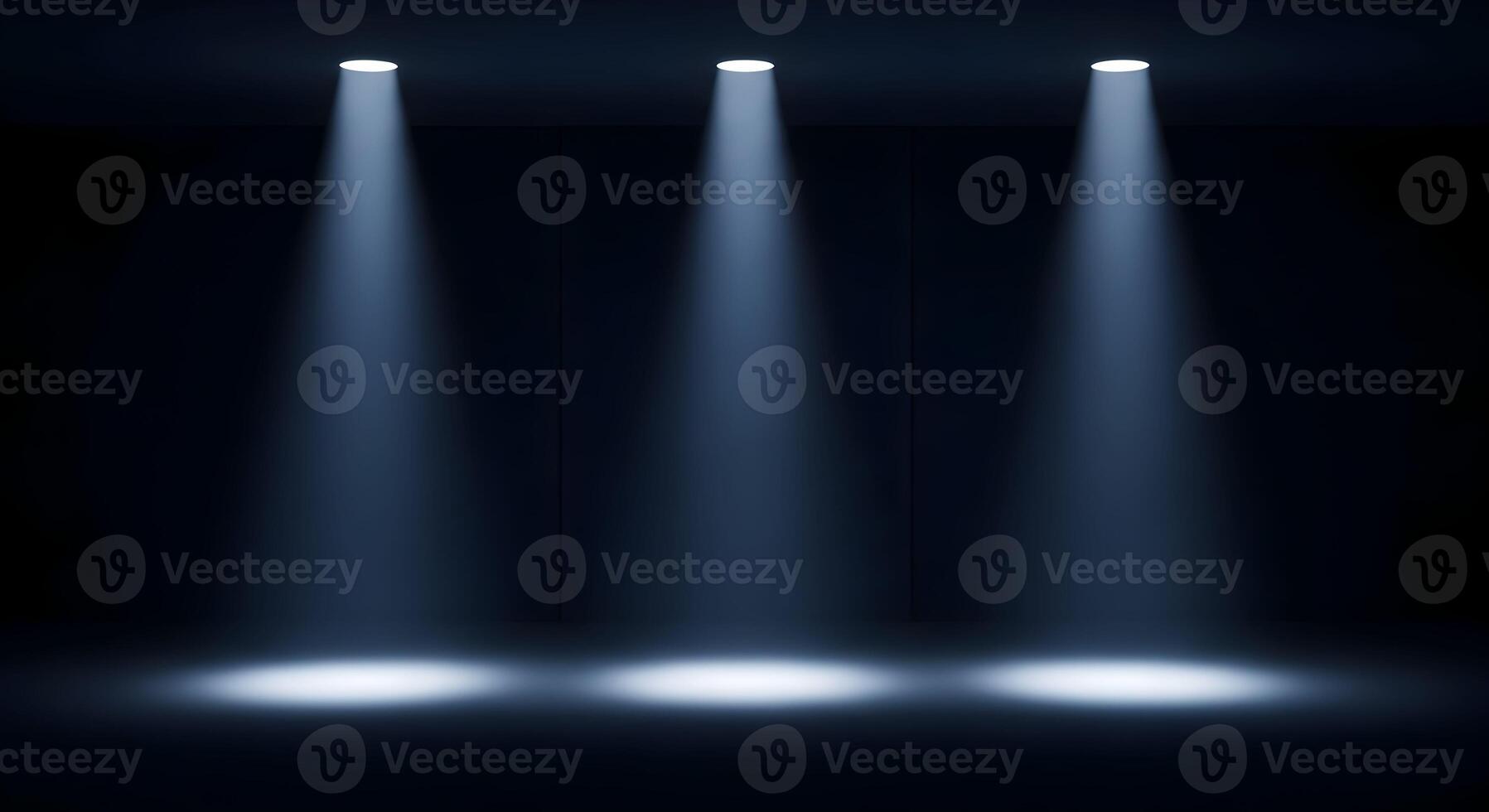 Minimalist Dark Blue Studio Scene with Three Overhead Spotlights and Reflections photo