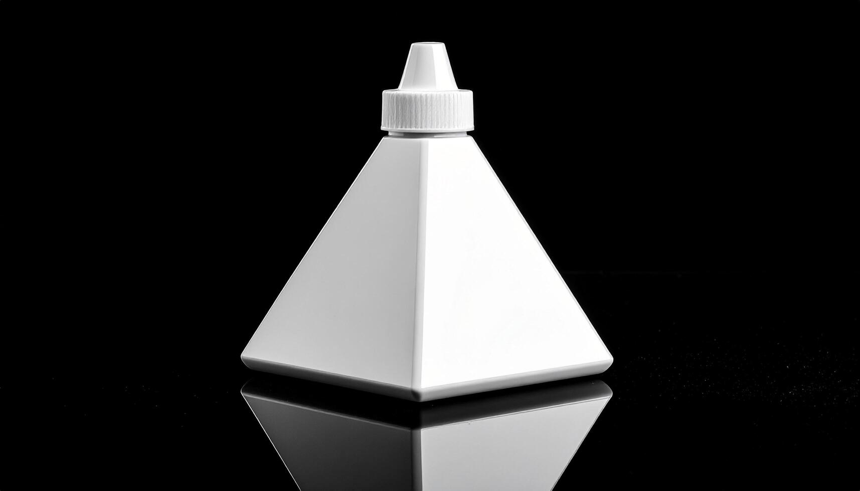 White Triangular Paint Bottle On Reflective Black Surface photo