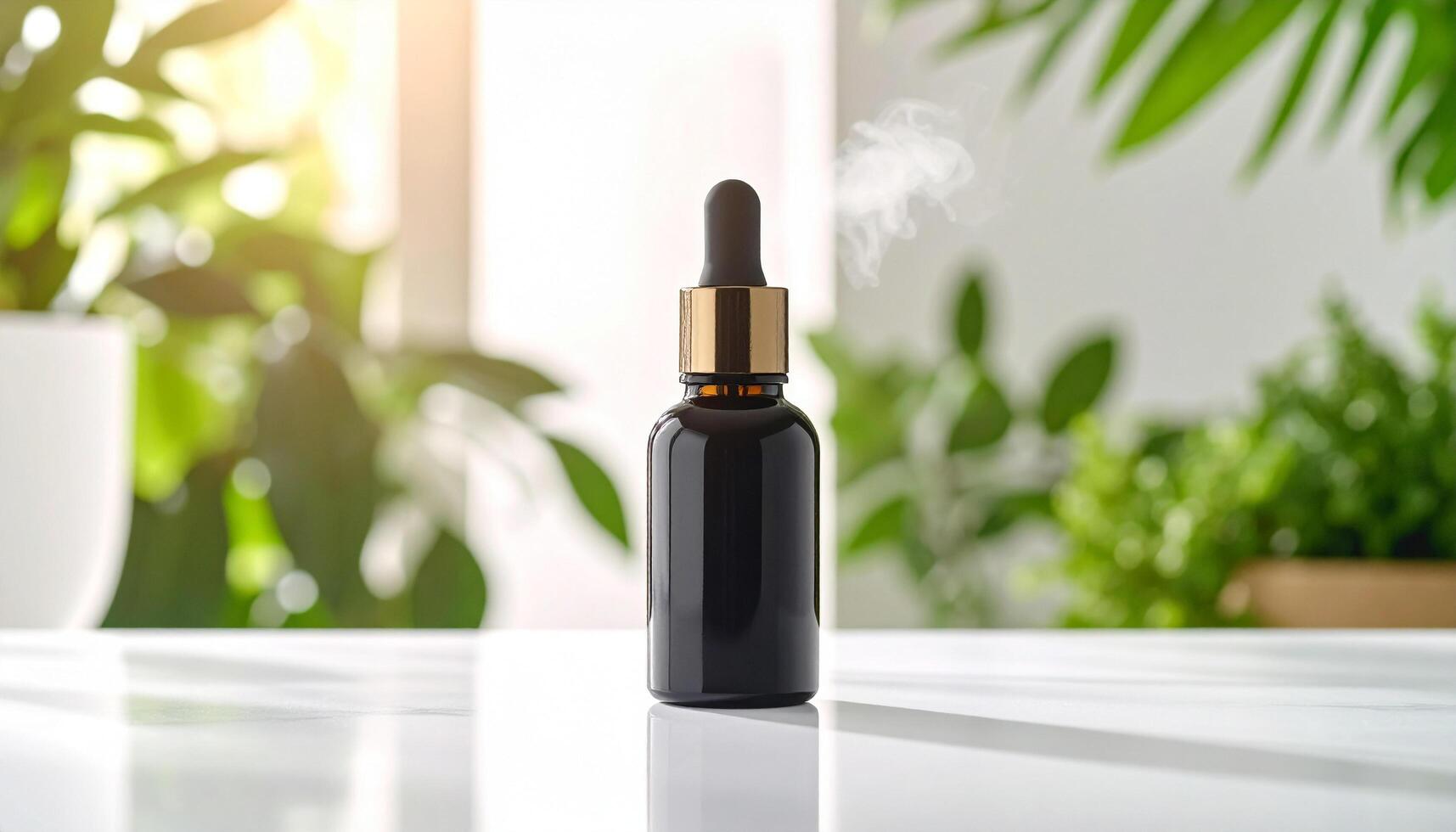 Black Elliptical Oil Bottle On Bright Table photo