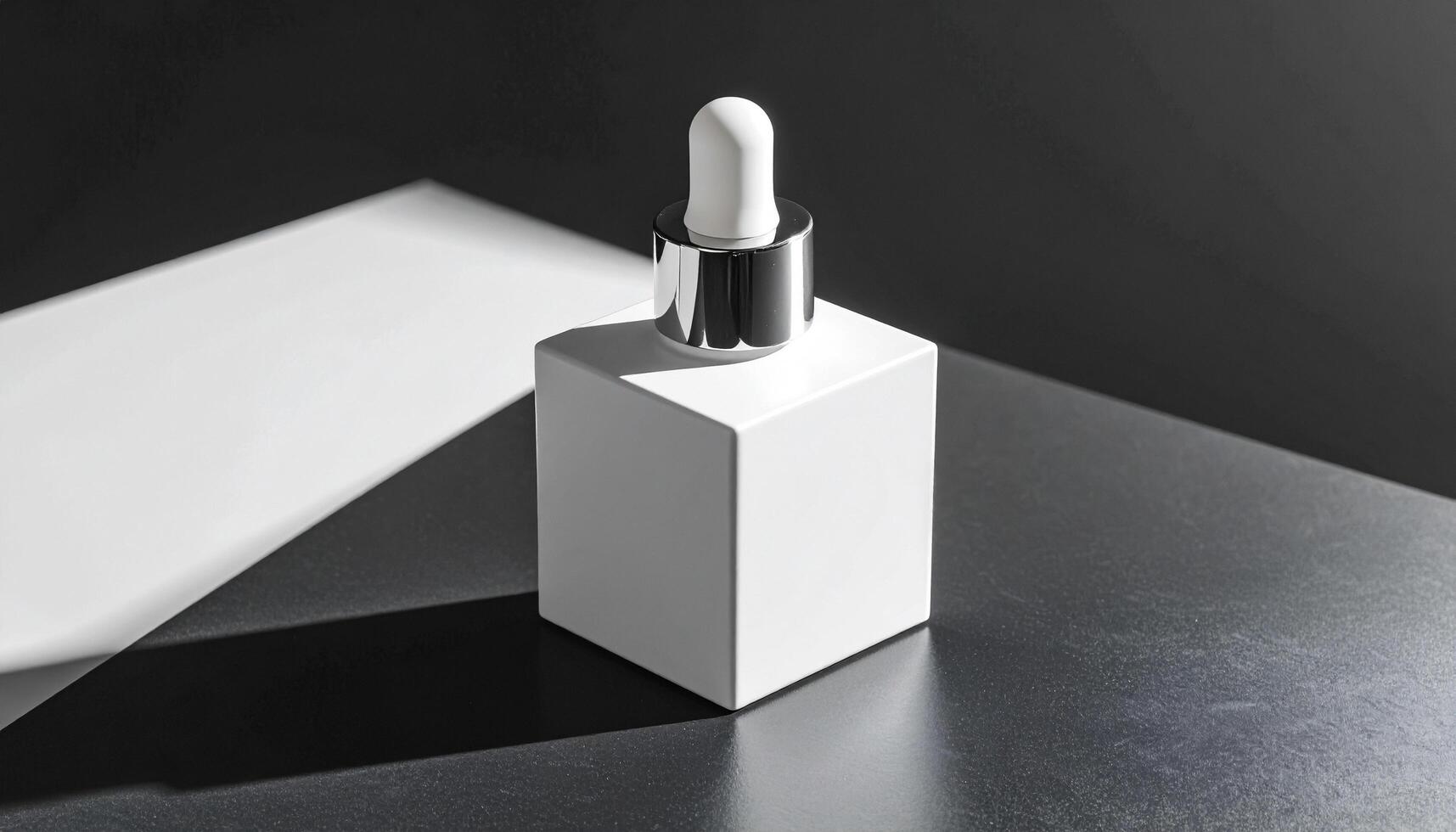 White Cube Dropper Bottle On Dark Textured Surface photo