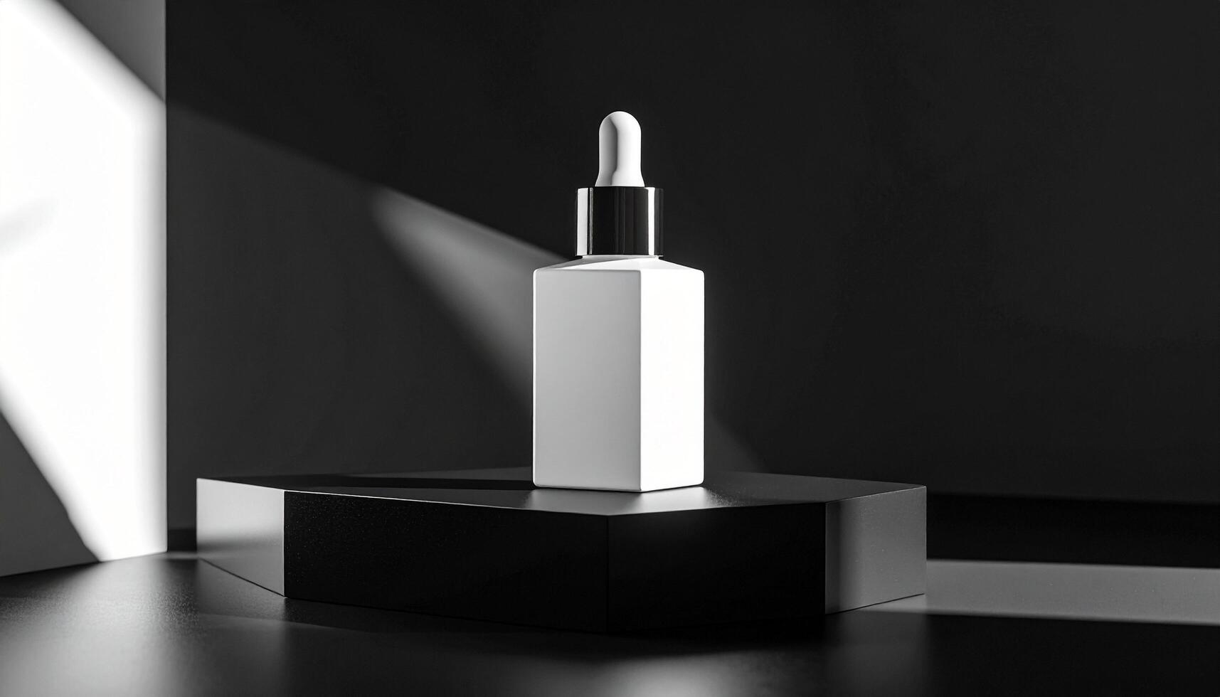 White Hexagonal Serum Bottle On Black Background photo