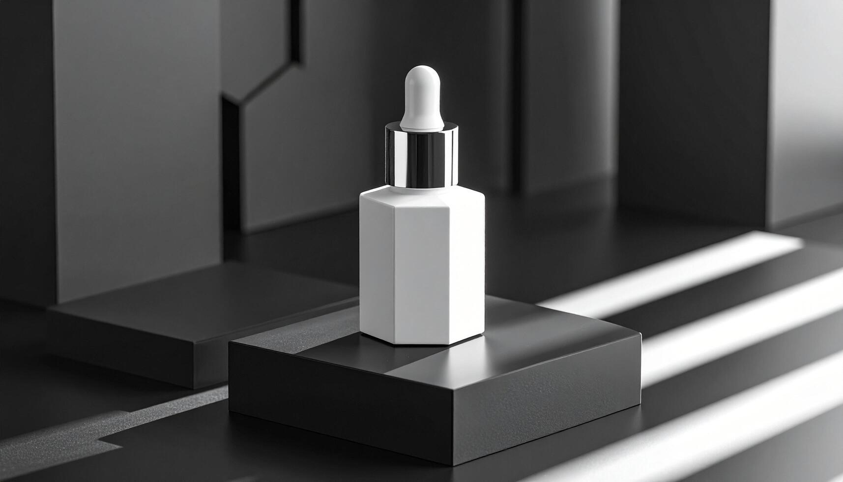 White Rectangular Serum Bottle On Black Geometric Platform photo