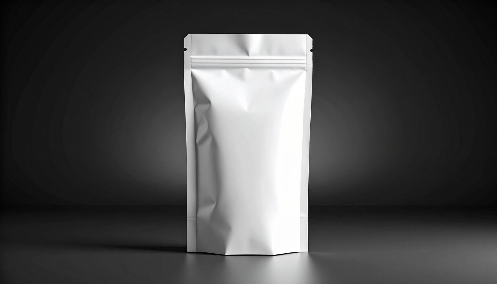 White Stand Up Coffee Pouch On Black Seamless Studio photo