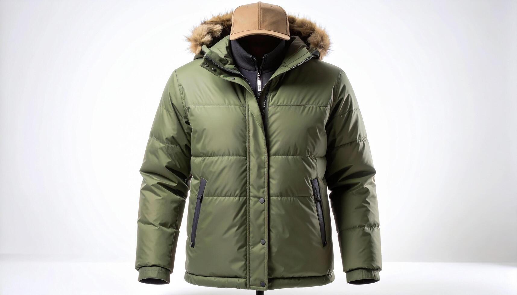 Half Body Statue In Parka Jacket With Trucker Hat On White photo