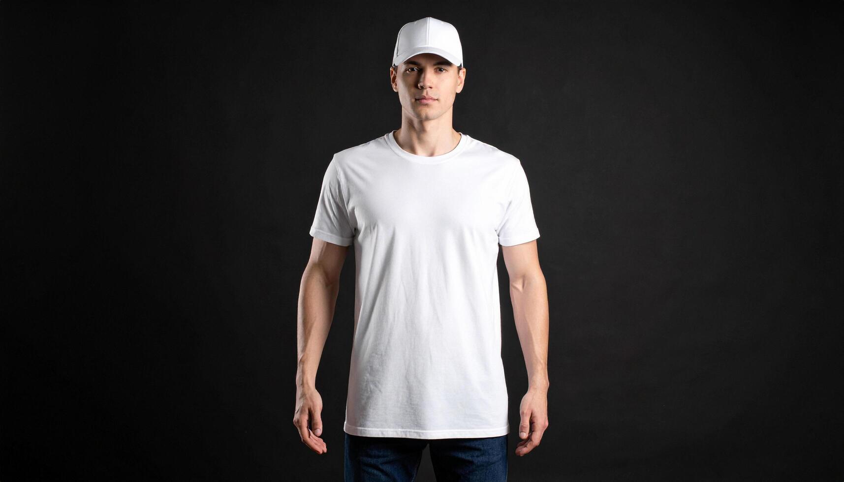 Full Length Statue With Blank Label Tshirt And Cap On Black photo