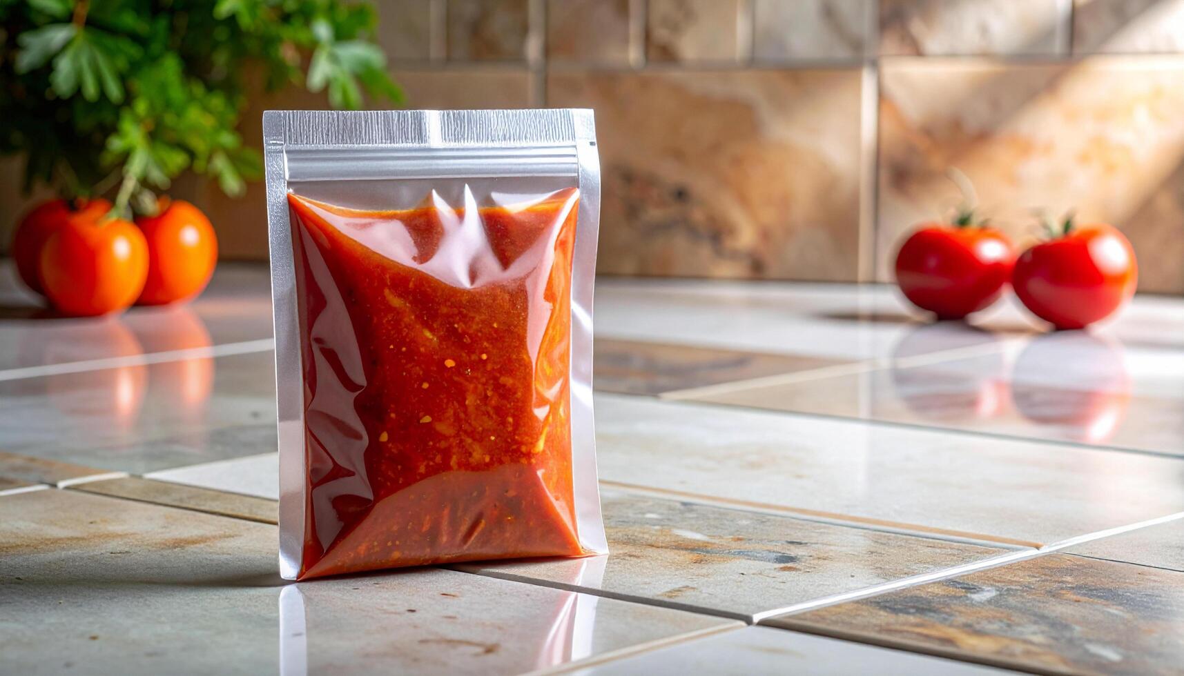 Translucent Chili Sauce Sachet With Liquid Level On Ceramic Tile photo