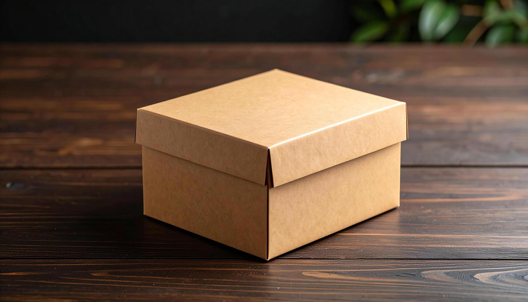 Brown Paper Tea Box On Dark Wood With Soft Shadow photo