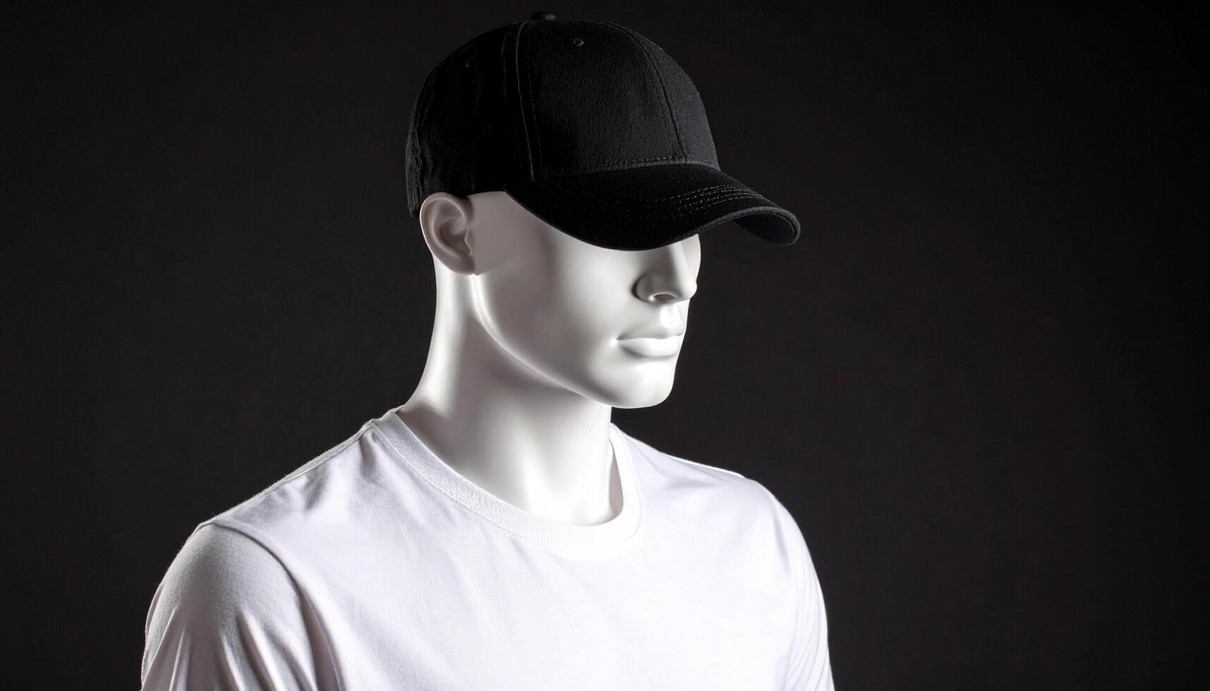 White Mannequin In Tshirt And Cap On Black Studio photo