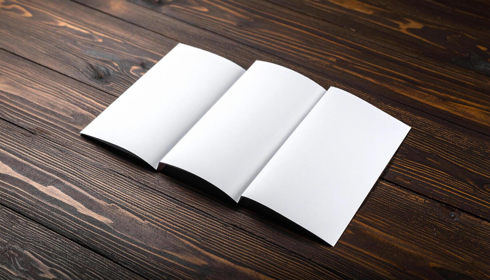 Tri Fold Brochure At An Angle On Wooden Table photo