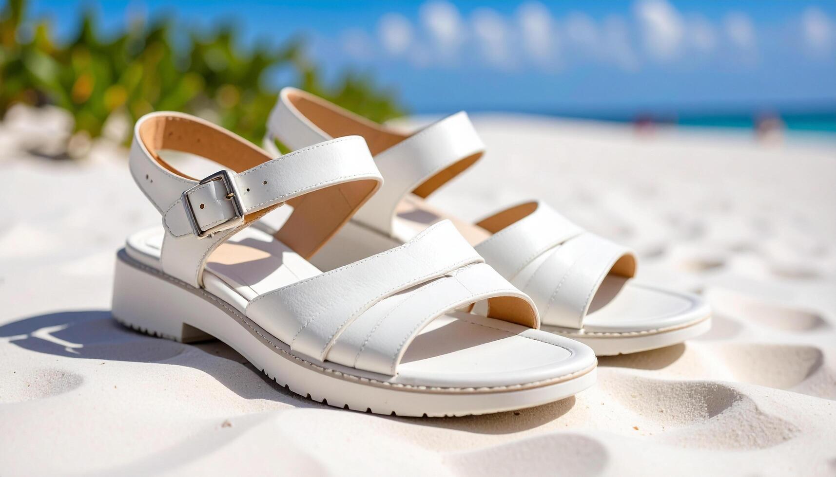 White Leather Sandal On White Sand Natural Grain Detail photo