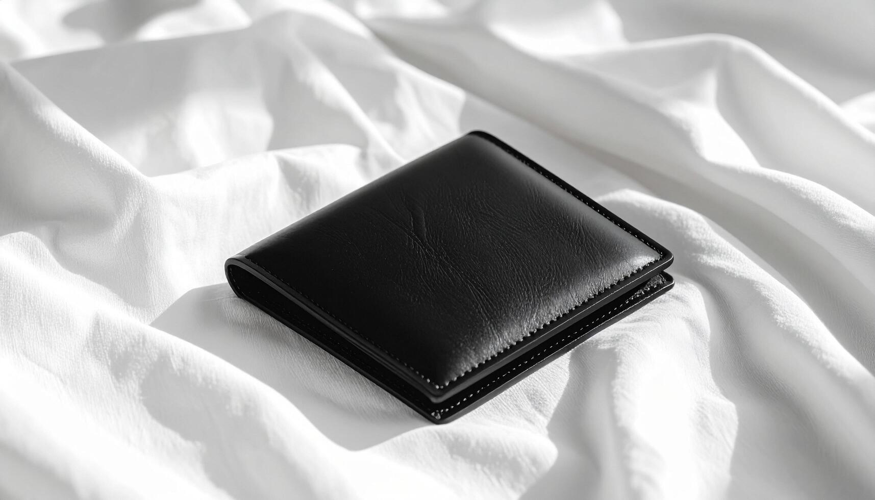 Matte Black Leather Wallet On Linen Fabric Material Interaction photo