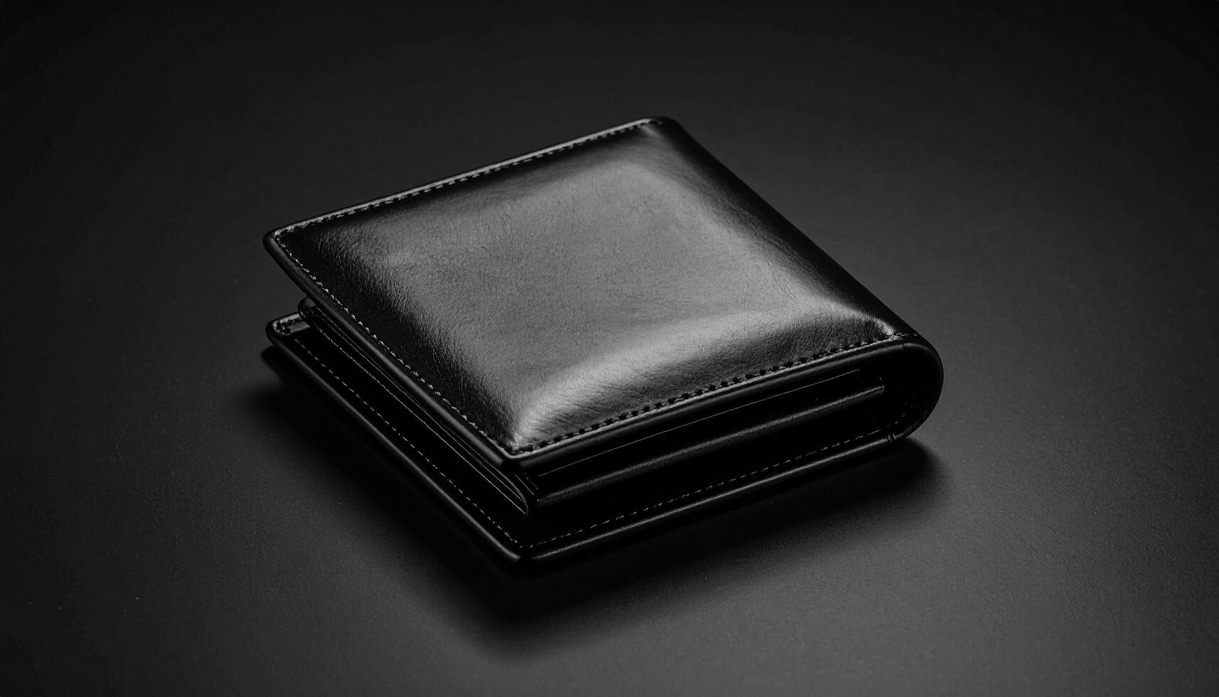 Glossy Black Wallet On Black Seamless With Reflective Sheen photo