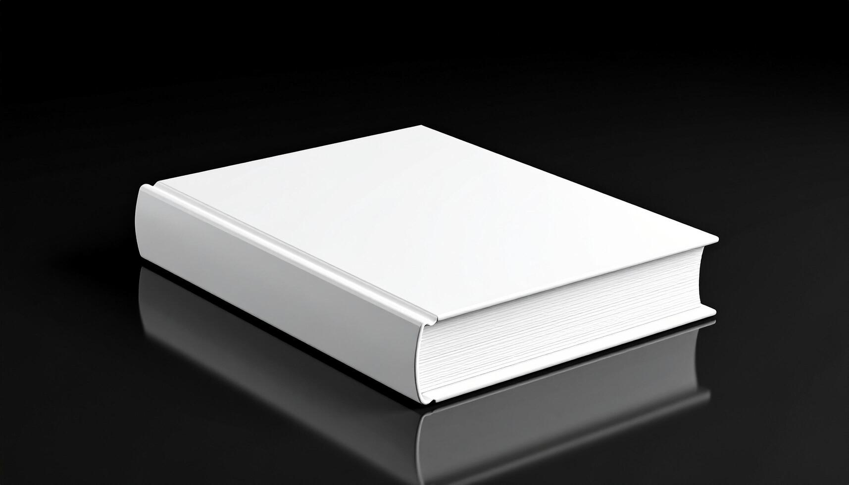 White Book On Glossy Black Table With Mirror Reflection photo