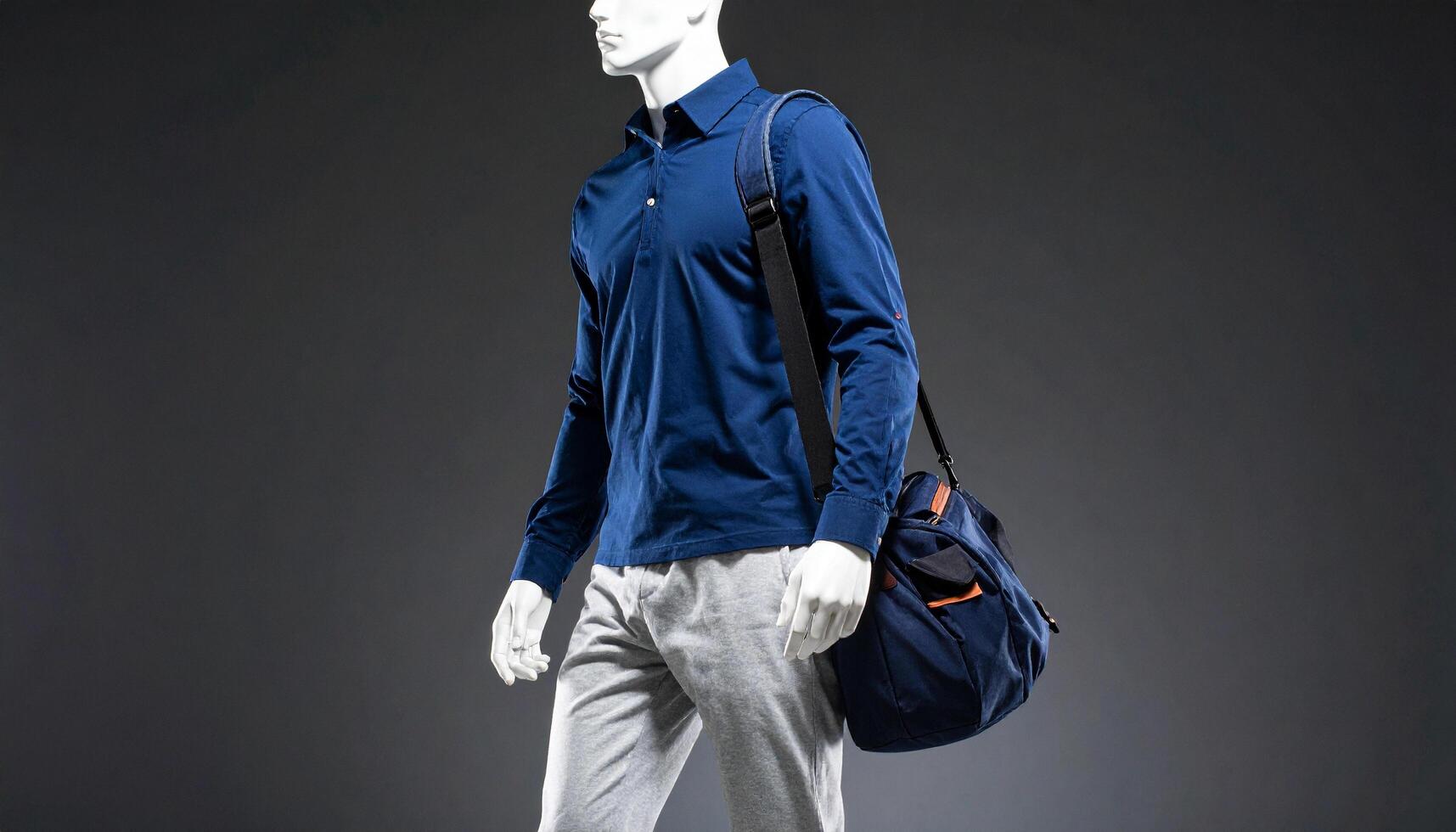 Navy Overshirt Grey Joggers And Canvas Bag On Lifestyle Mannequin photo