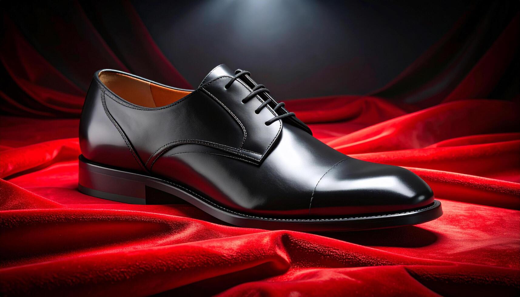Black Leather Shoe On Velvet Fabric With Grain Texture Detail photo