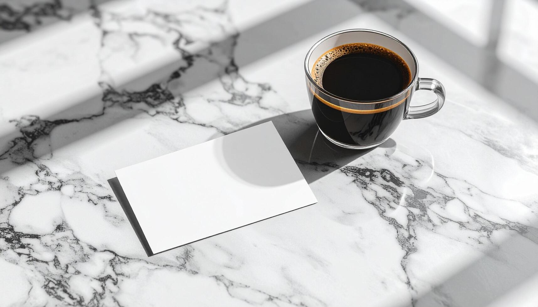 Translucent Cafe Business Card Beside Coffee Cup On Marble Countertop Reflection Detail photo