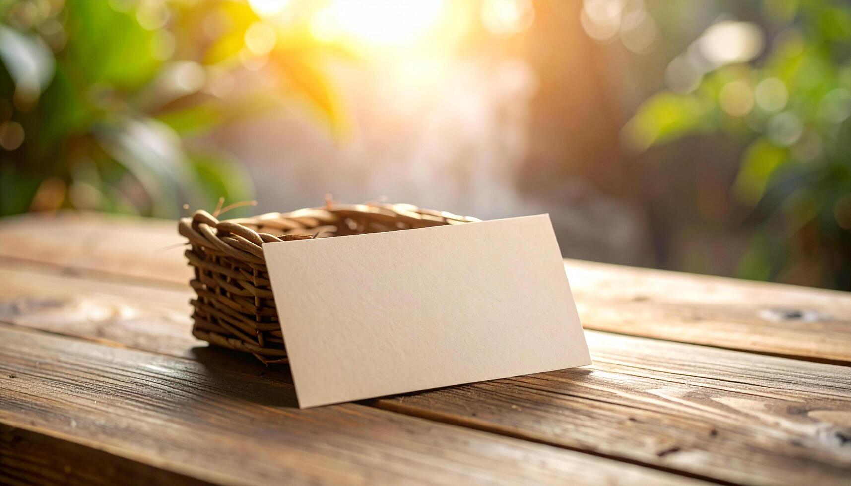 Twig-Made Business Card On Wooden Table With Vapor Atmosphere Effect photo