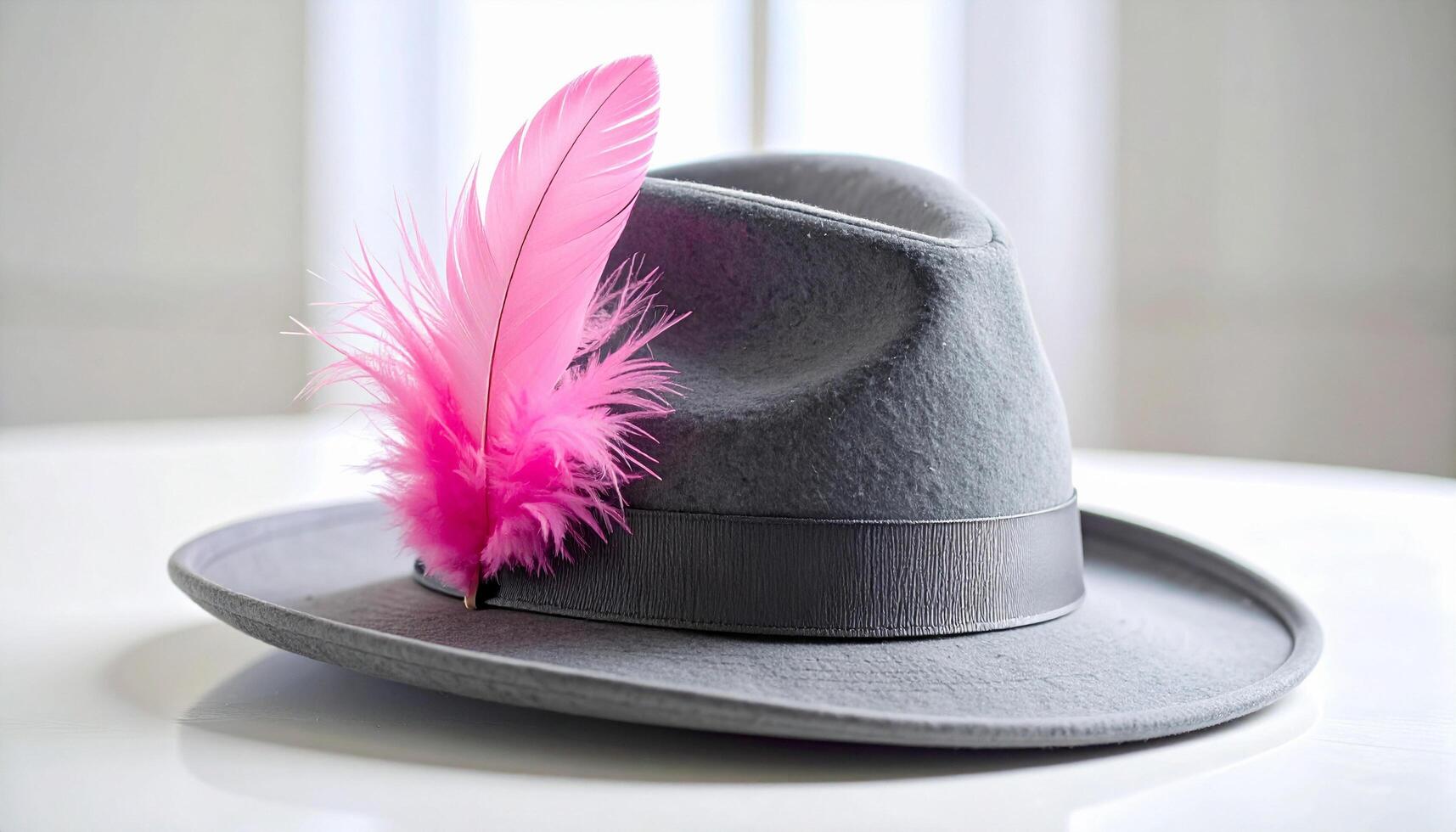 Grey Fedora With Pink Feather Accent On White Table Pastel Contrast Detail photo