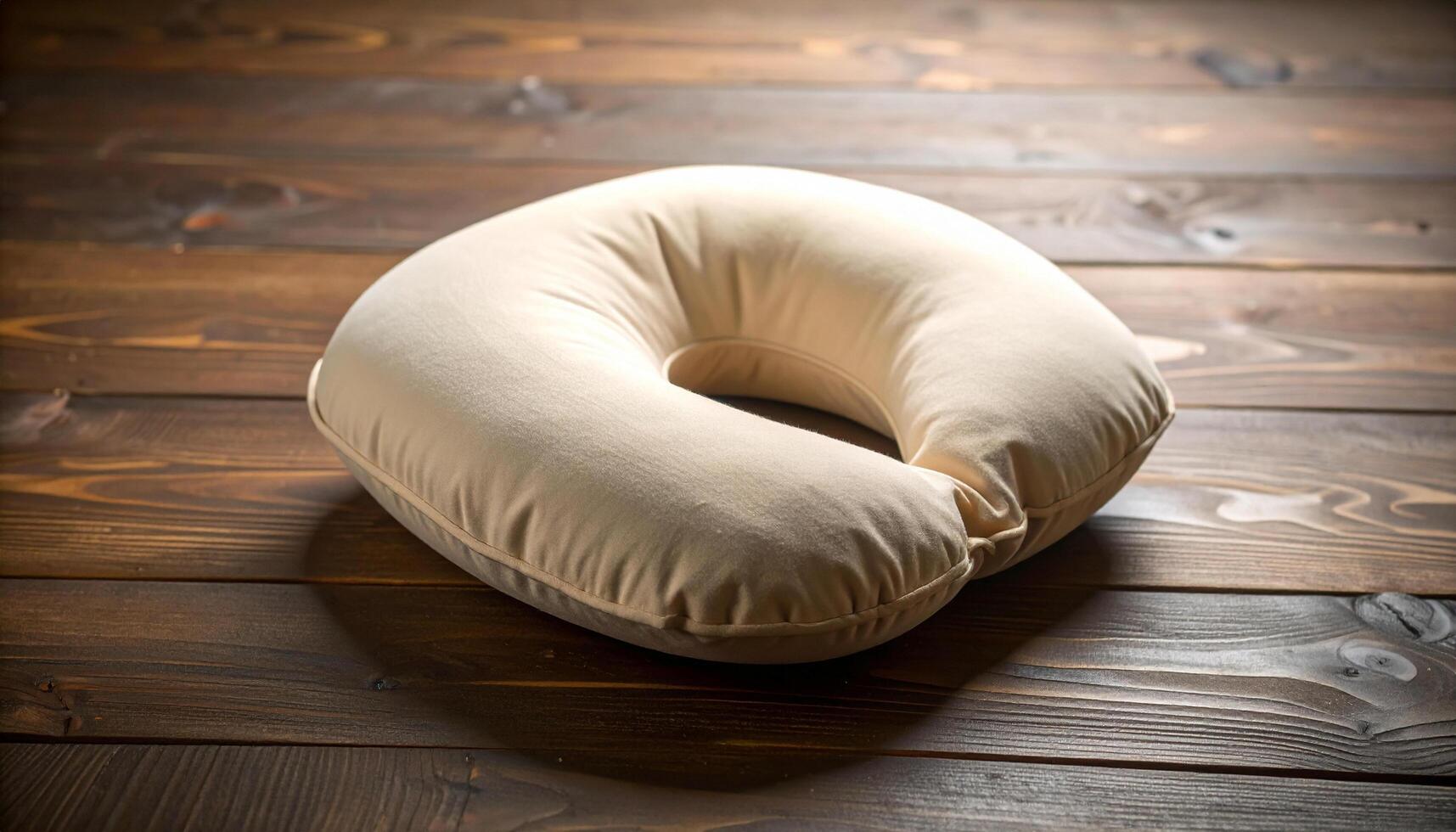 Plain Beige Nursing Pillow On Wooden Table Fabric Texture Detail photo