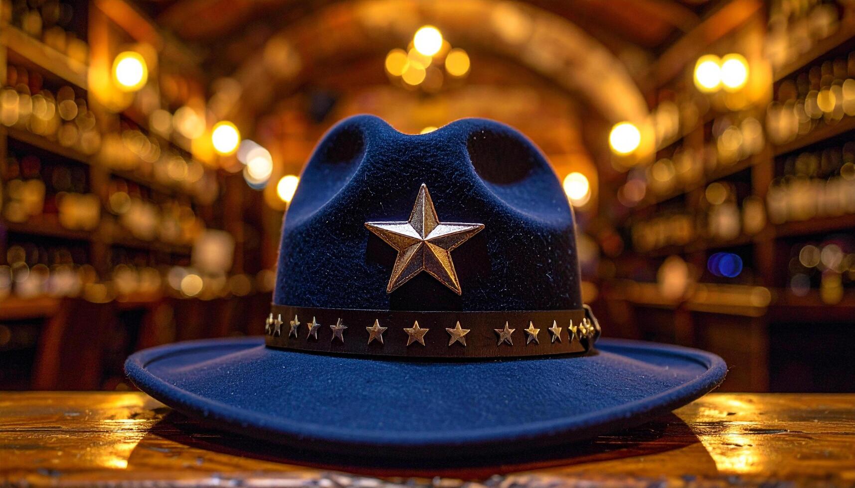 Navy Fedora With Silver Star In Jazz Cellar Mood Lighting Atmosphere photo
