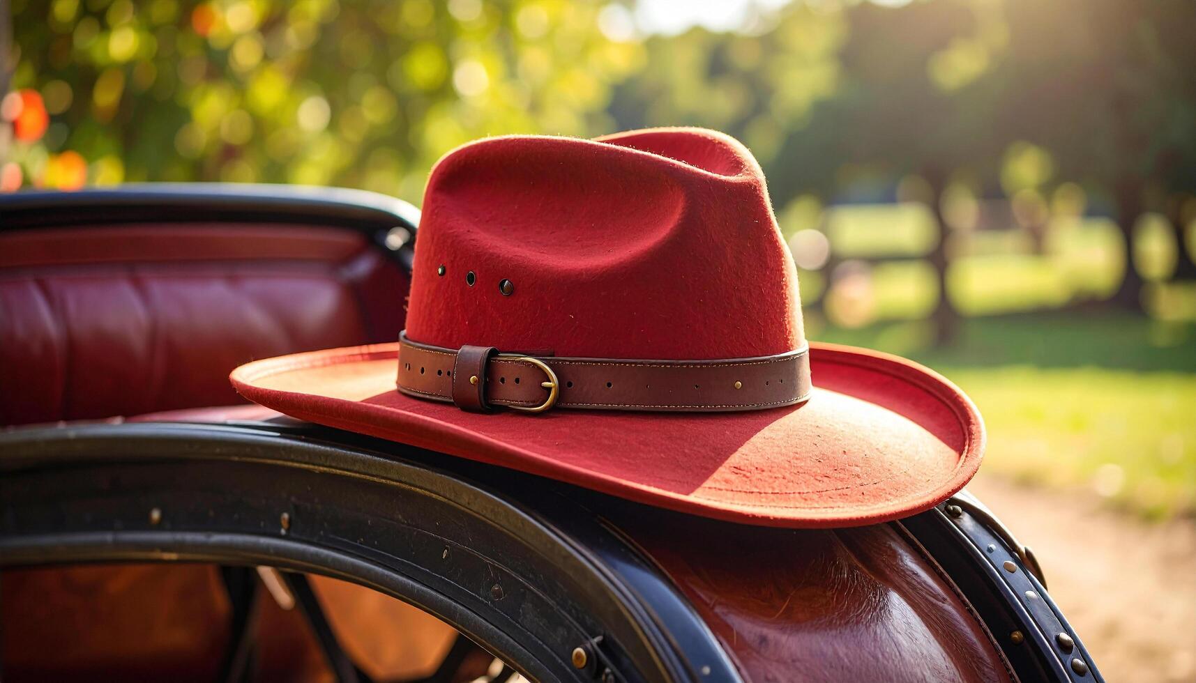Red Belted Fedora On Horse Carriage Seat Rustic Leather Hardware Detail photo