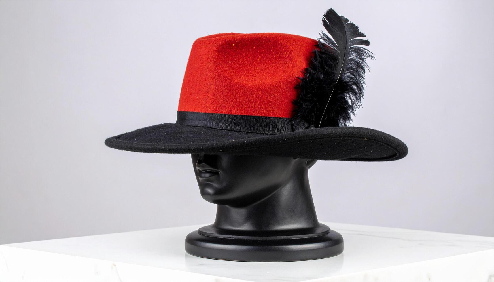 Red Fedora With Black Feather Accent On Marble Surface Color Contrast Detail photo