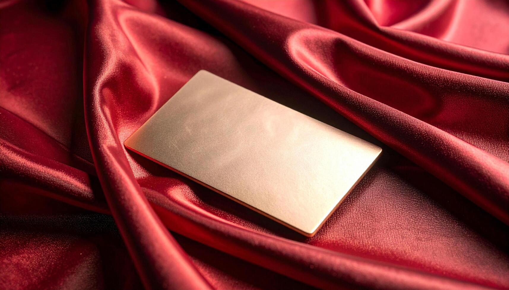 Rose Gold Metallic Business Card With Deboss Detail On Red Satin Fabric Dramatic Lighting photo