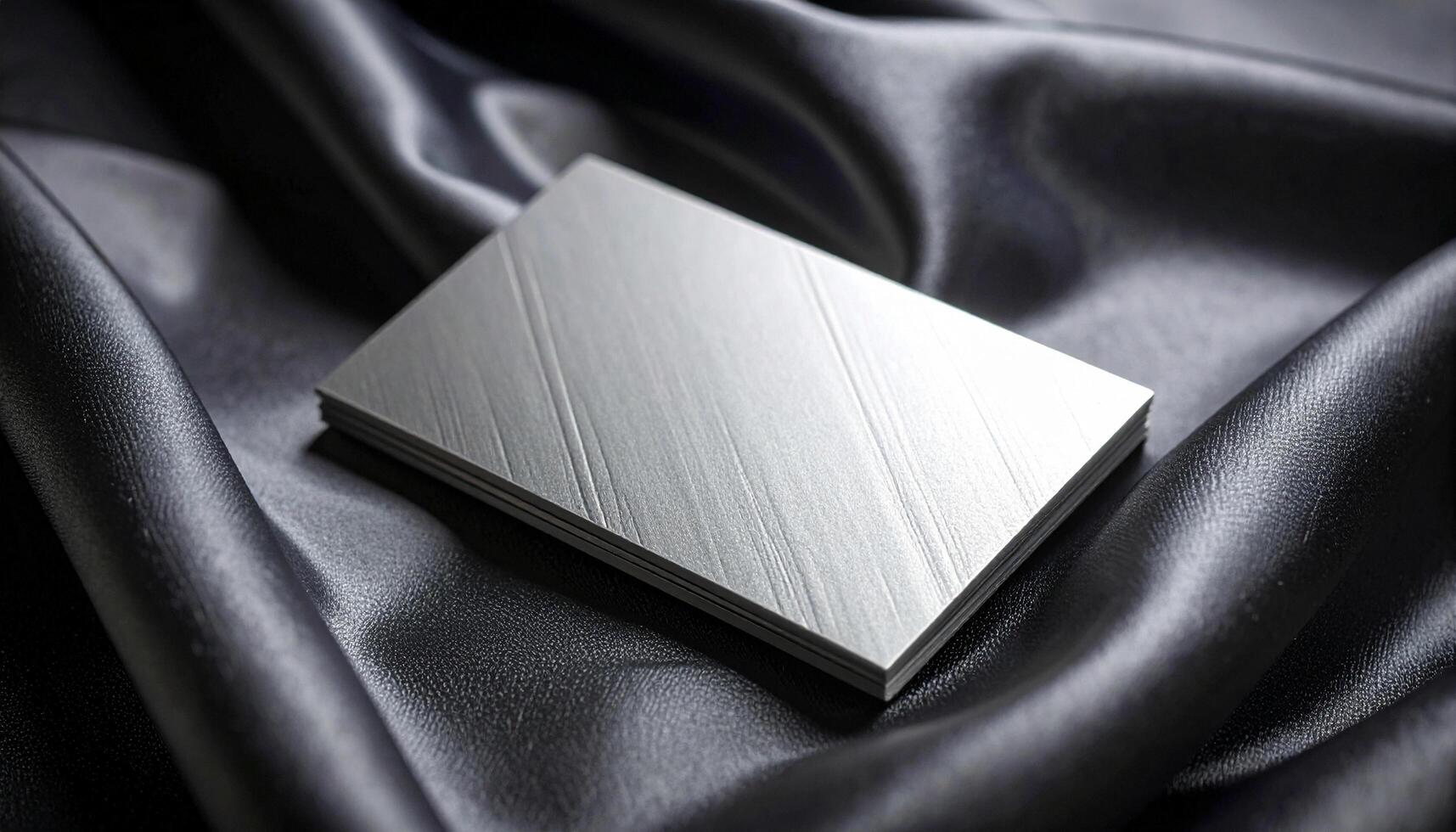 Silver Foil Business Card With Symmetrical Deboss Pattern On Satin Fabric Reflective Quality photo