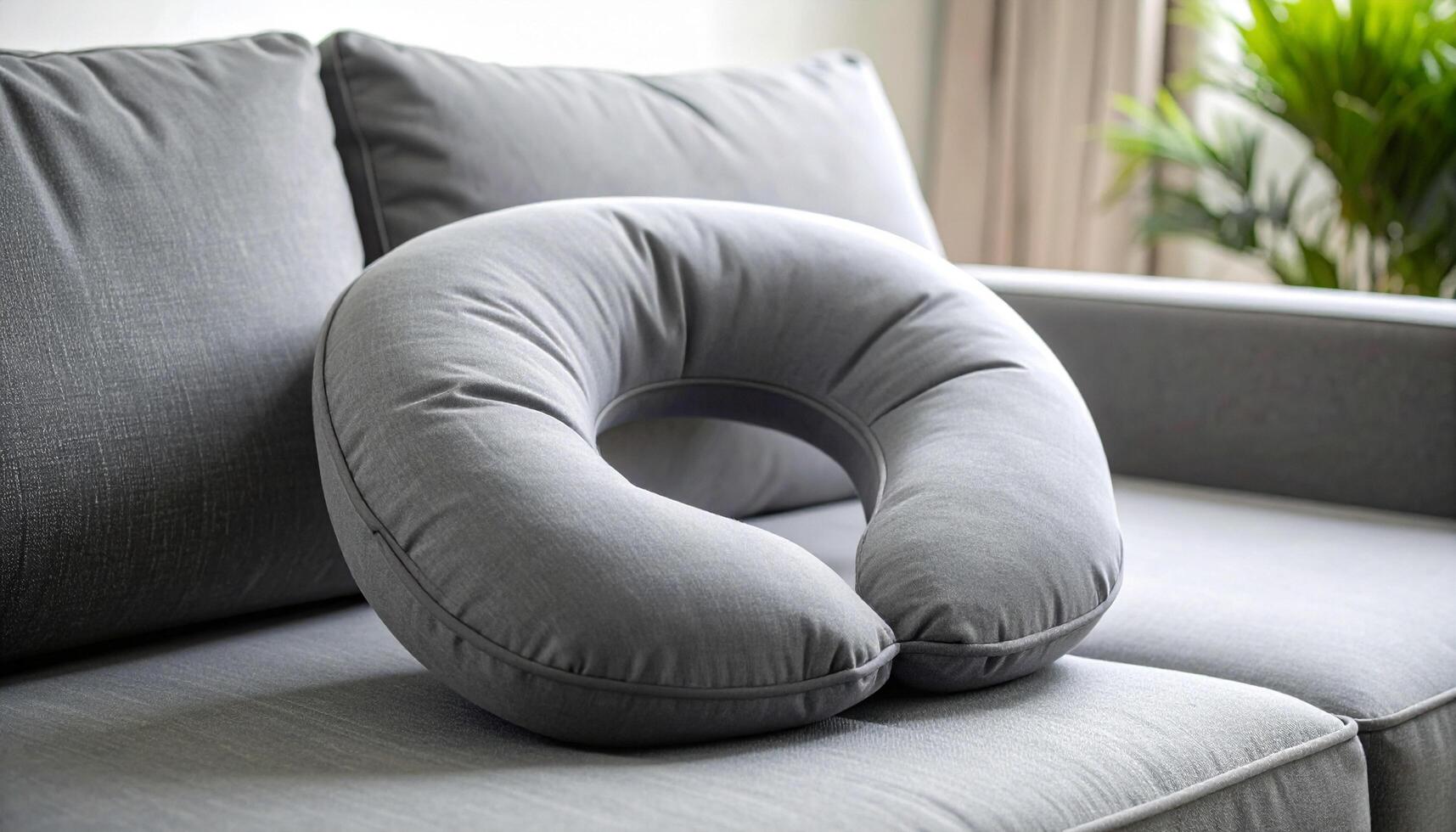 Grey Tone Nursing Pillow On Modern Sofa Upholstery Contrast Detail photo