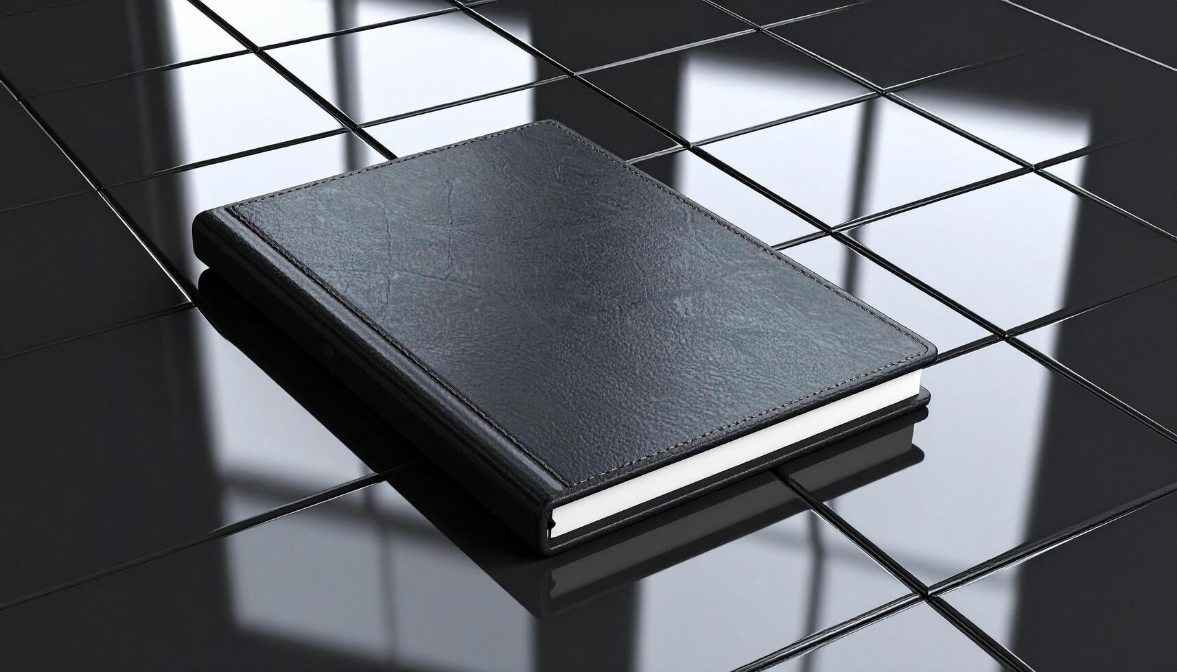 Open Black Leather Journal With Blank Pages On Glossy Black Grid Surface photo