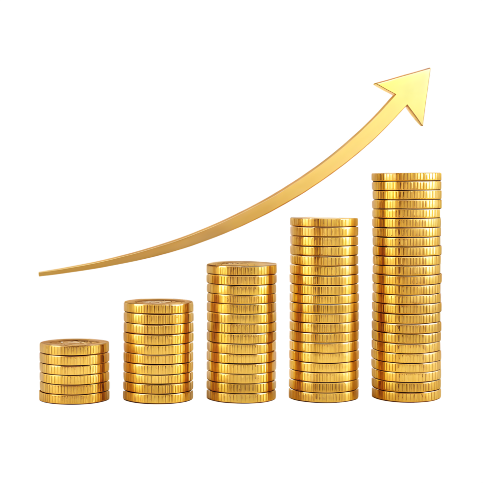 Gold coin stacks showing growth graph isolated on transparent background png