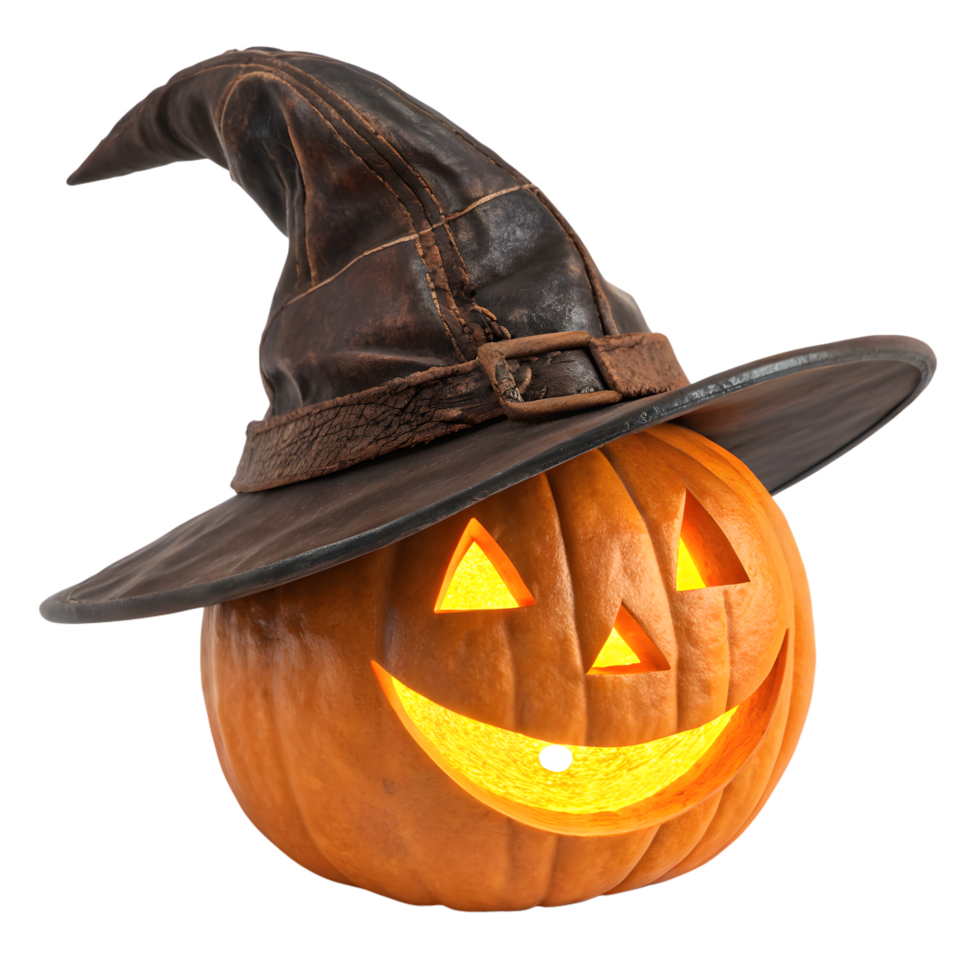 Lit jack o lantern wearing a witchs hat isolated on transparent background png