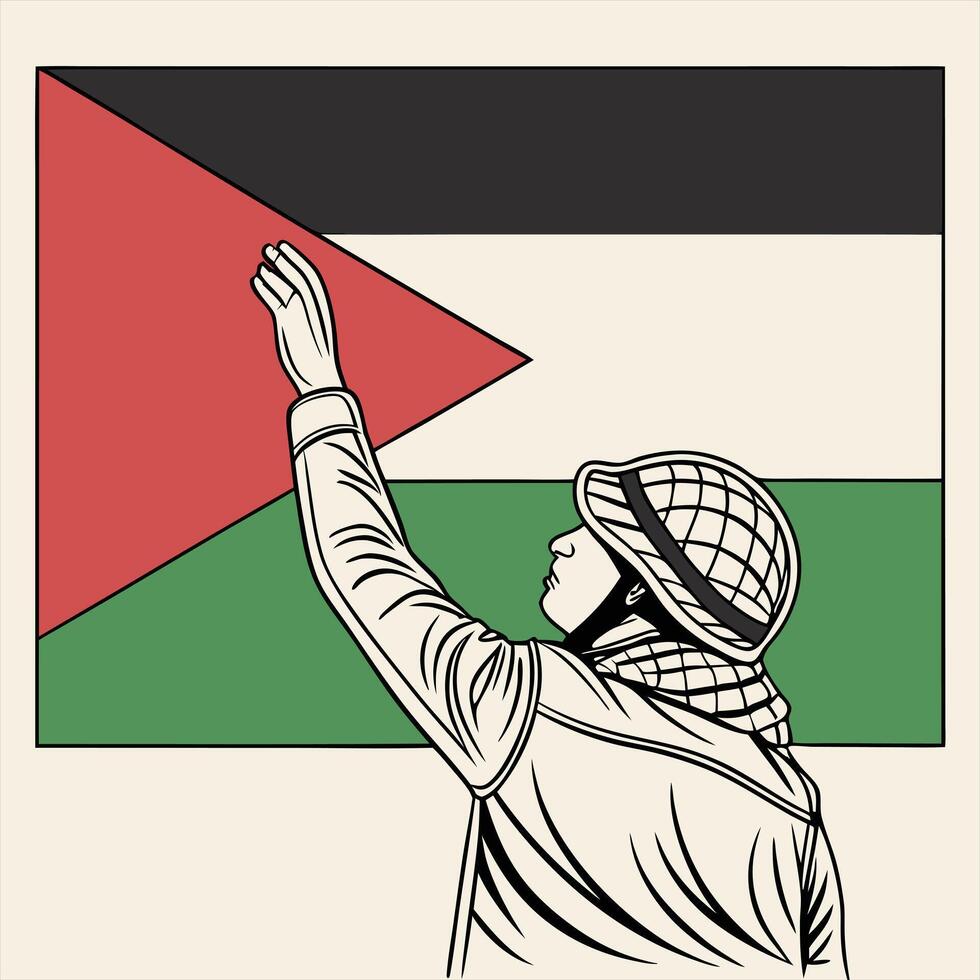 Person in Helmet Raising Palestinian Flag Red Green Black White Illustration vector