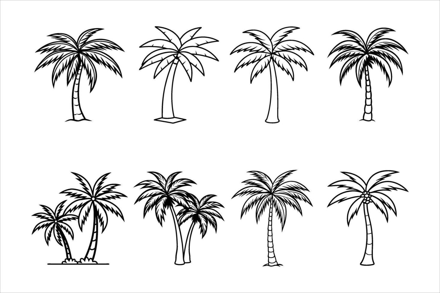 Eight Black and White Palm Tree Illustrations Various Styles vector
