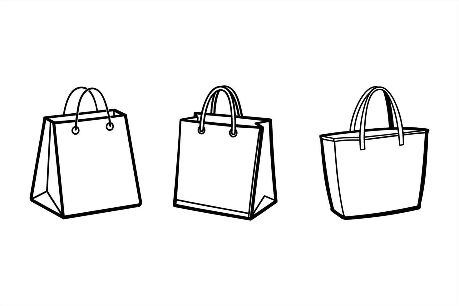 Three Black Line Drawings of Shopping Bags tote bag vector