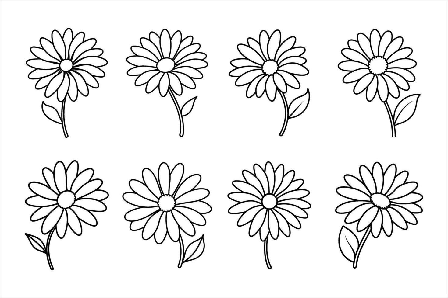 Eight Black Outline Daisy Flowers Simple Line Art Botanical Illustration vector