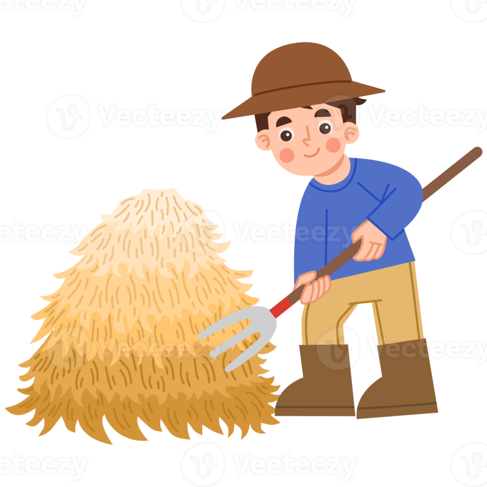 Illustration of a farmer with a pile of haystacks png