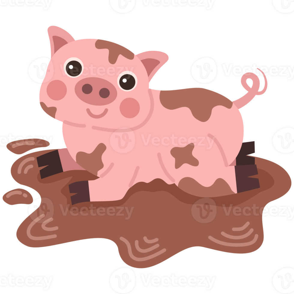 Illustration of a pink pig playing in the mud png