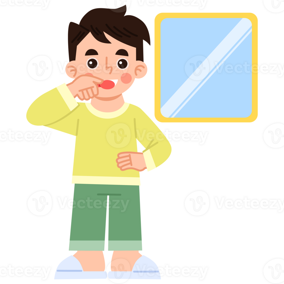 Illustration of Boy Brushing Teeth in Bathroom png