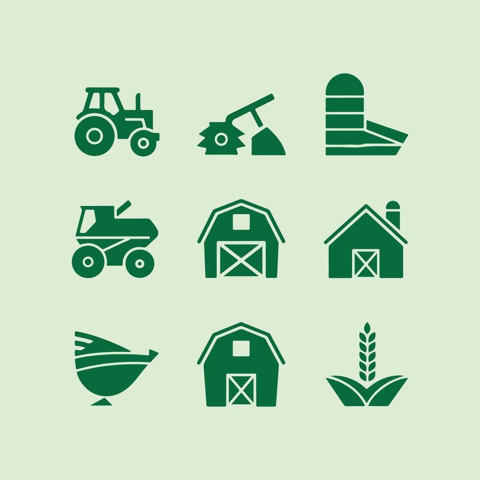 Farm Life Icon Set Tractors, Barns, and Rural Elements vector