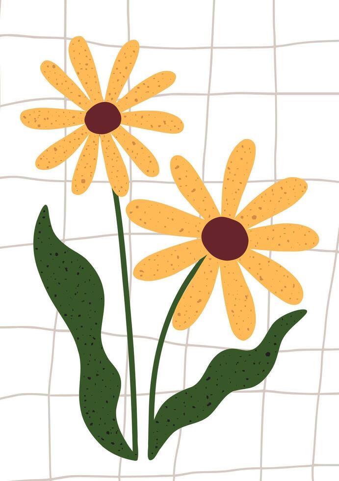 Hand drawn yellow flowers with green leaves on a simple grid background. vector