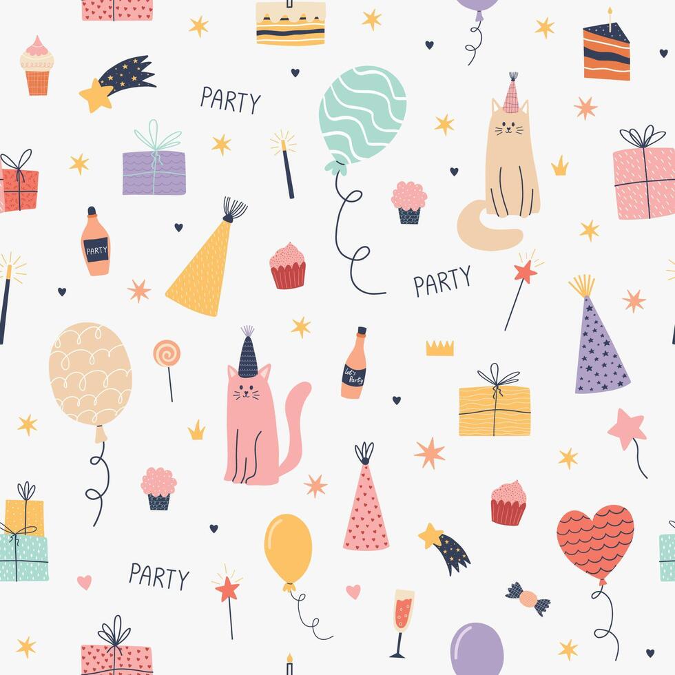 Hand drawn seamless pattern with cute party cats, balloons, cupcakes, gifts, and festive decorations. Whimsical and playful birthday celebration design for wrapping paper, kids' textiles vector