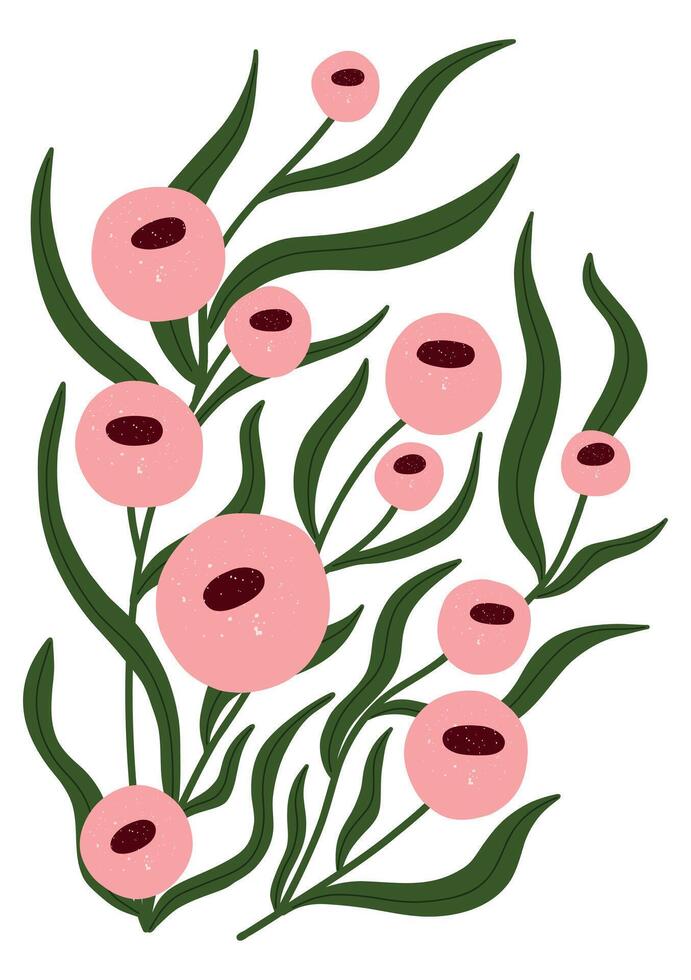 Charming pink floral illustration with round blossoms and curvy green leaves. Great for spring prints, nursery decor, and gentle designs. vector