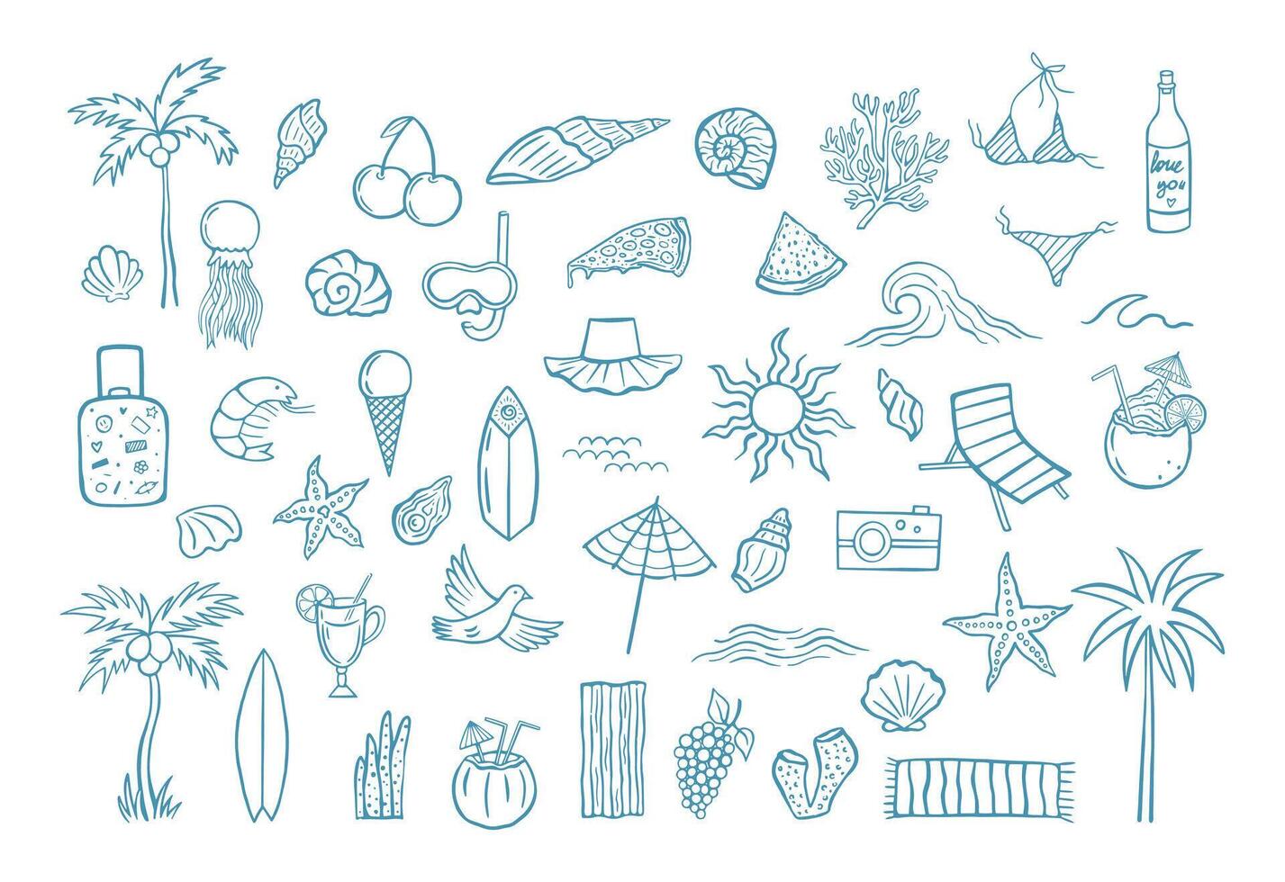 Summer vacation doodle icon set with hand drawn beach elements, fruits, drinks, ocean life, swimwear, waves and holiday symbols in sketch style hand drawn vector