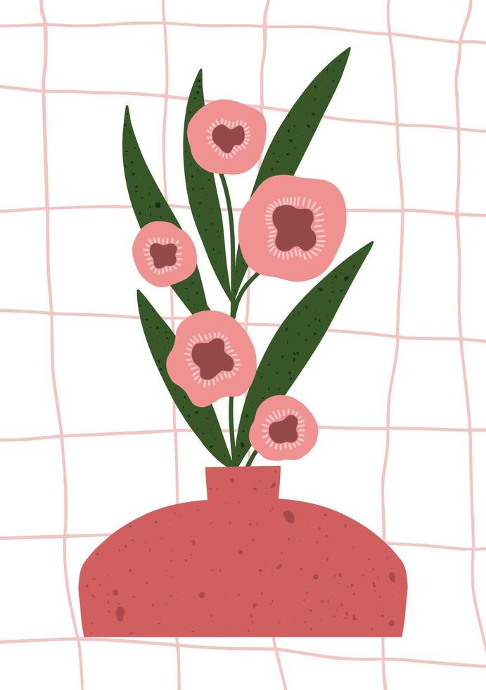 Hand drawn floral poster with abstract pink flowers in a textured vase. Simple modern botanical illustration for prints, kids room, or wall decor. vector