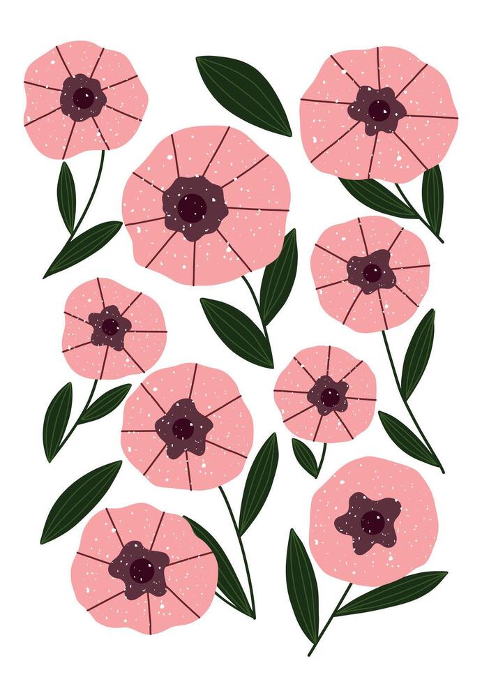 Charming hand drawn pink flowers with dark centers and green leaves. vector