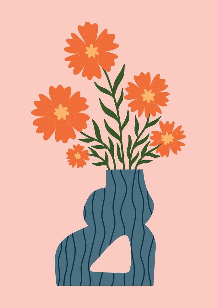 Bold floral bouquet in a modern sculptural vase. A minimal yet playful hand drawn design perfect for wall decor and stylish prints. vector