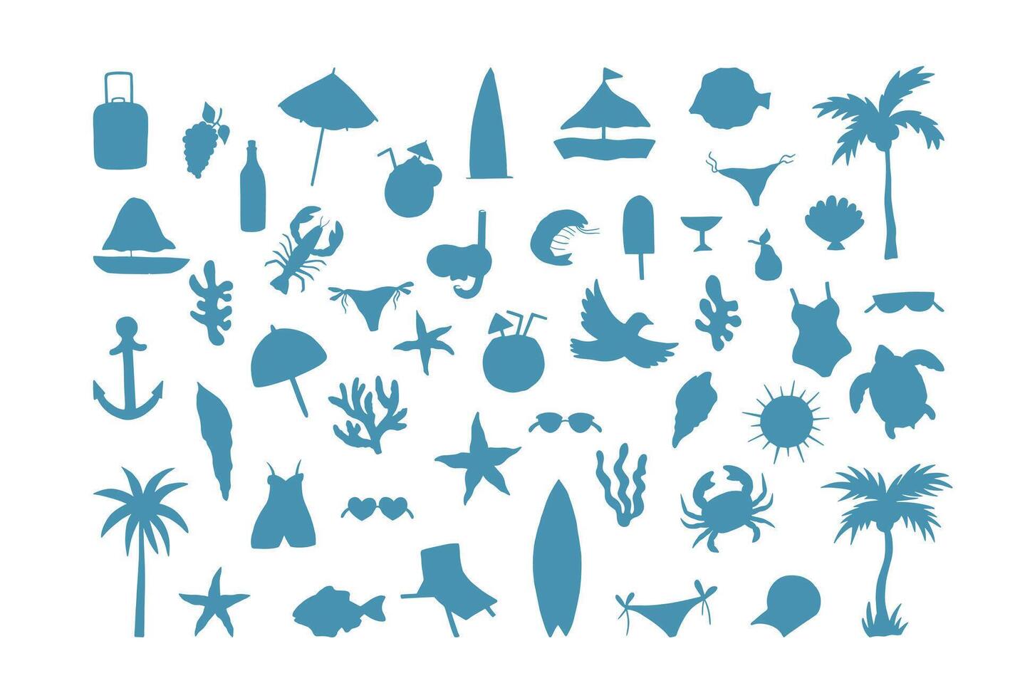 Summer beach vacation icon set with tropical elements, swimwear, sea animals, drinks, palm trees, shells and travel symbols in flat silhouette style vector