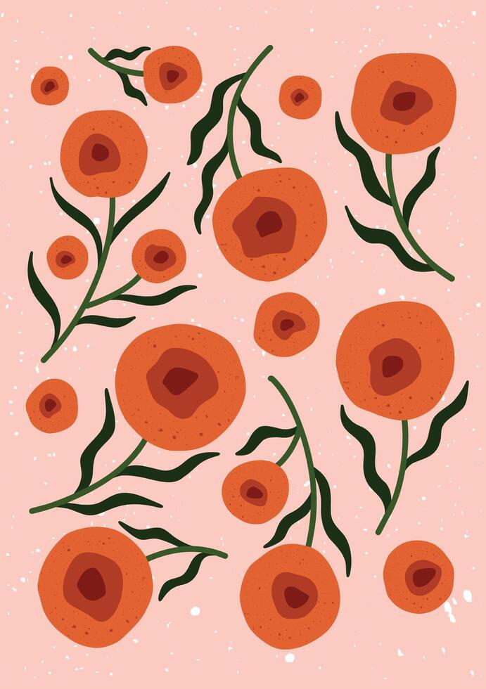 Hand drawn floral poster with abstract red-orange flowers and green leaves on a pastel pink background. Modern botanical illustration for wall decor, nursery print, or card design. vector